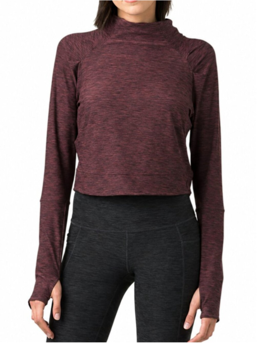 PRANA Zandra Funnel Mock Neck Crop Top Maroon Small Long Sleeves Thumb Holes
